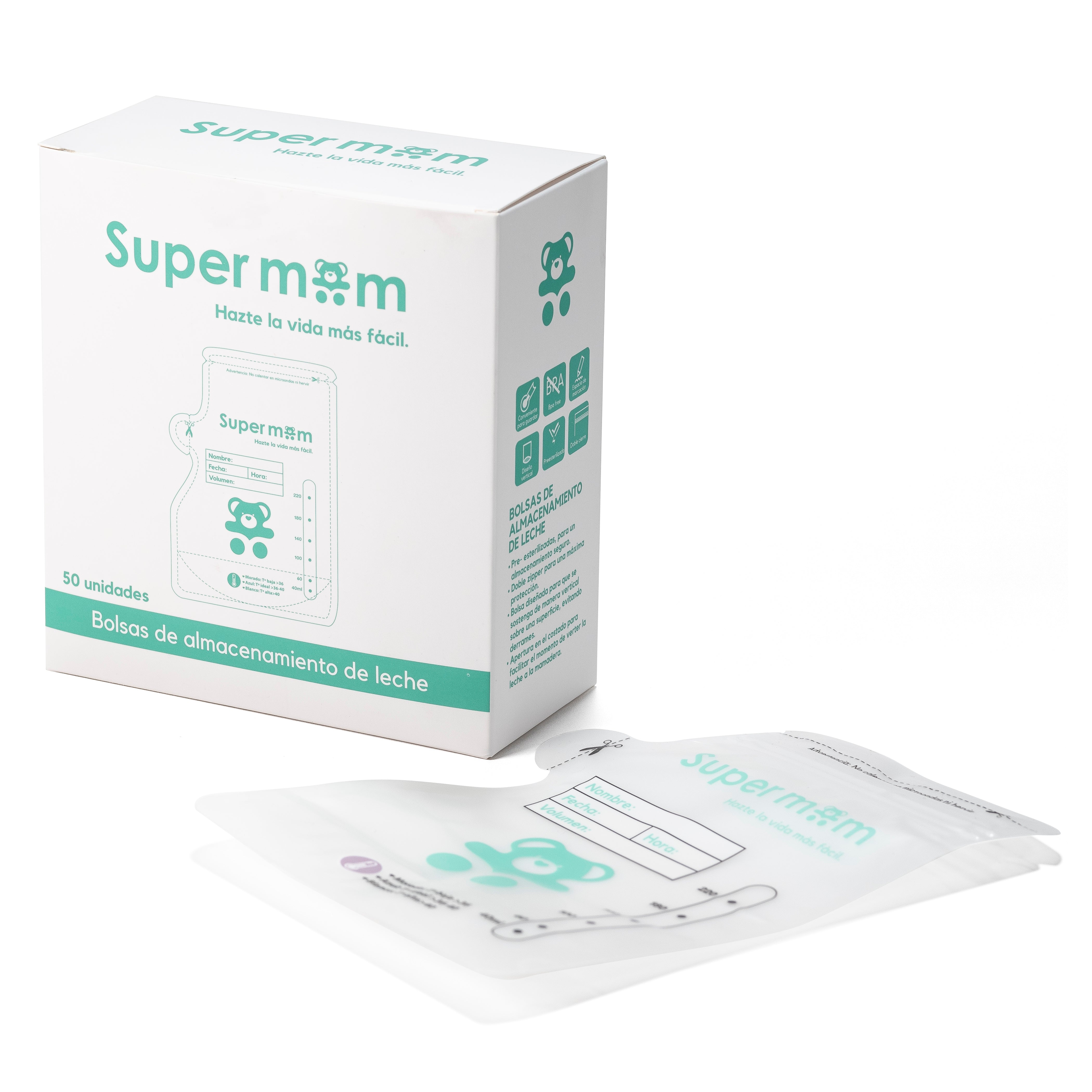 Bolsas para almacenar leche materna con abre fácil y sensor rango temperatura, 220ml, 50 unidades