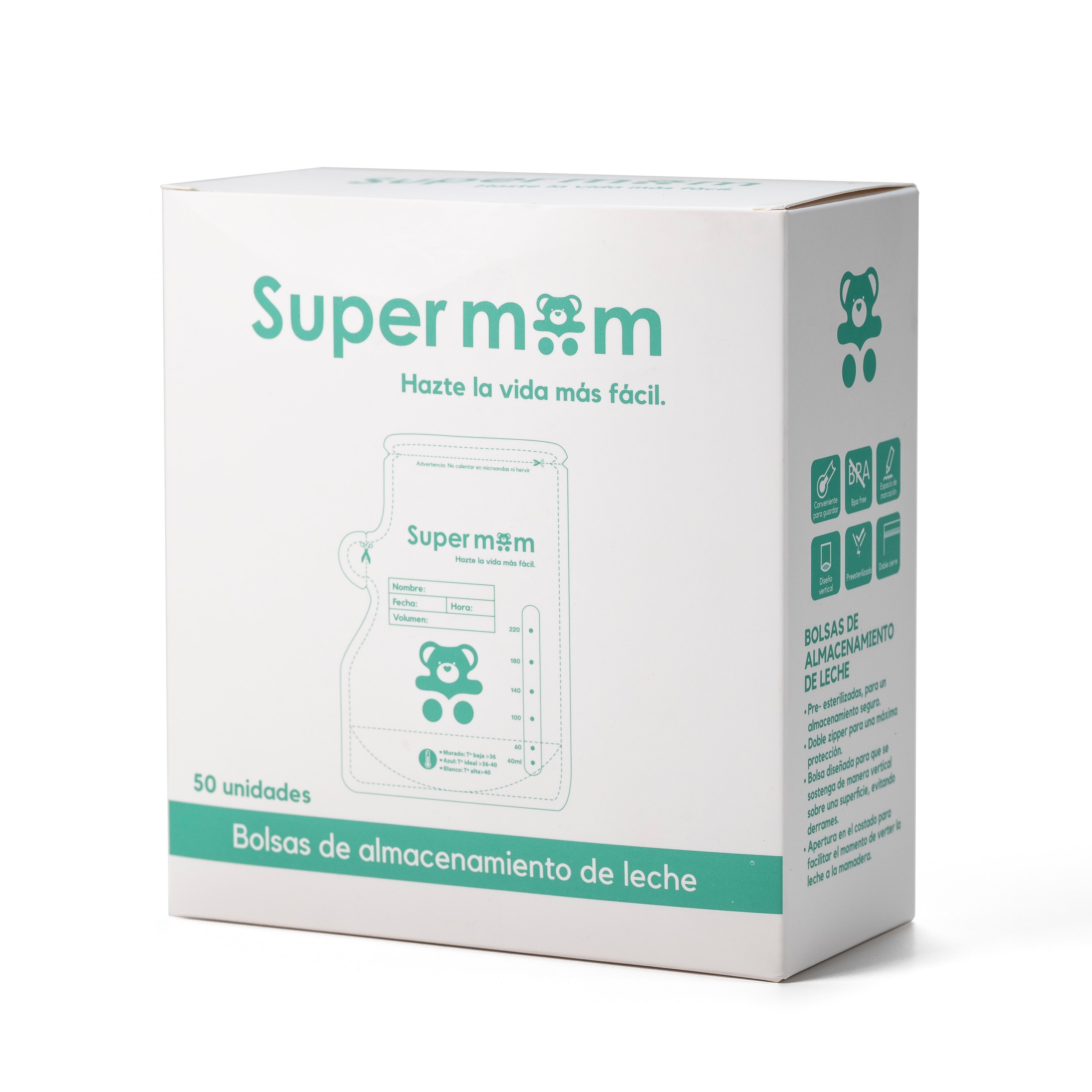 Bolsas para almacenar leche materna con abre fácil y sensor rango temperatura, 220ml, 50 unidades